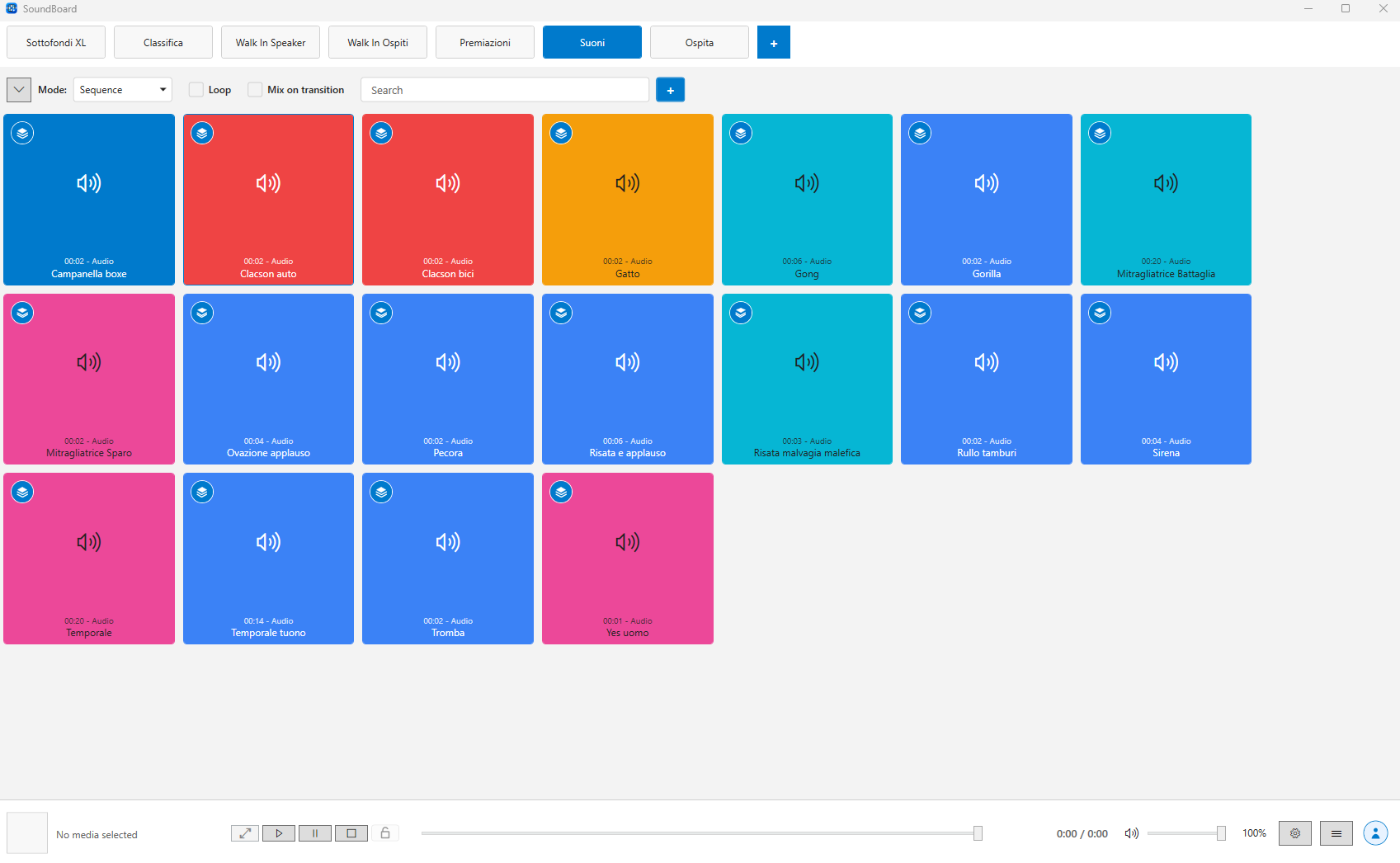Media Board playlist interface with colored audio buttons